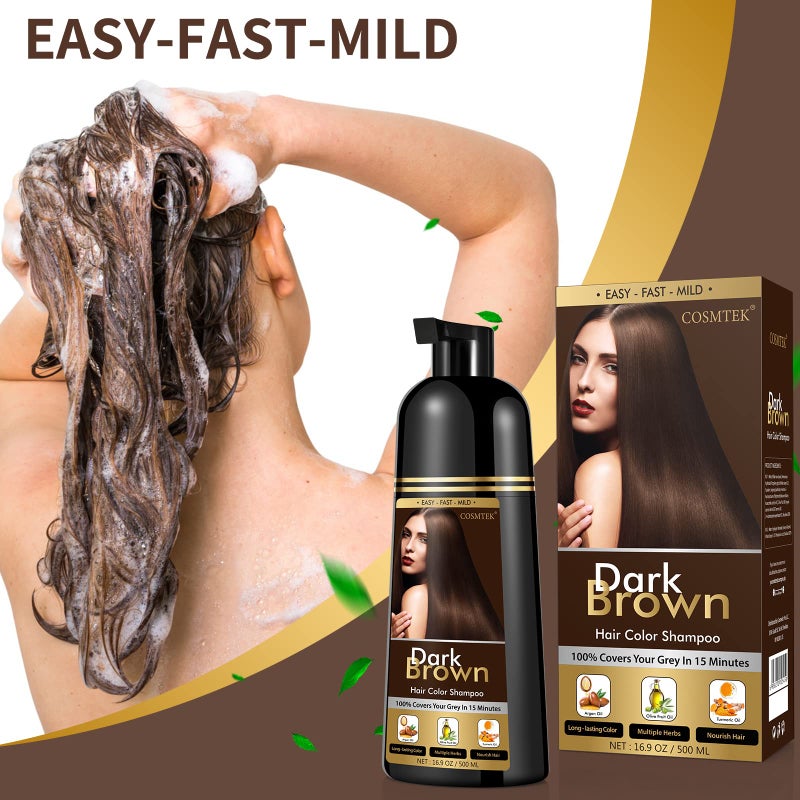 COSMTEK Dark Brown Hair Dye Shampoo Permanent for Men&Women,Instant Hair Color Shampoo for Gray Hair Coverage and Beard,3-In-1 Shampoo for Color Treated Hair,Lasts 30 Days/500ml/Ammonia-Free/Natural herbal Ingredients. - Image 2