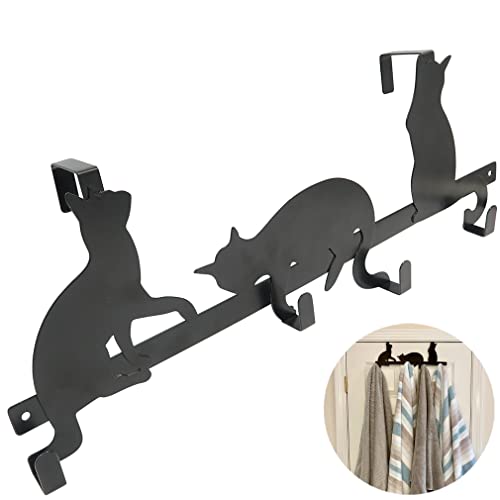 Evelots Over The Door 4 Hook Towel/Coat Rack Hanger Organizer, Kitty Cat Design-Easy No Tool Installation-Black Iron-Holds 20 lbs. - Image 1