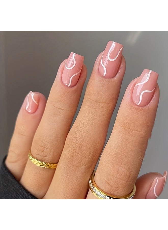 24pcs Pink Press On Nails, Medium Square Fake Nails With French White Stripe Design, Glossy Full Cover False Nails For Women And Girls - Image 1