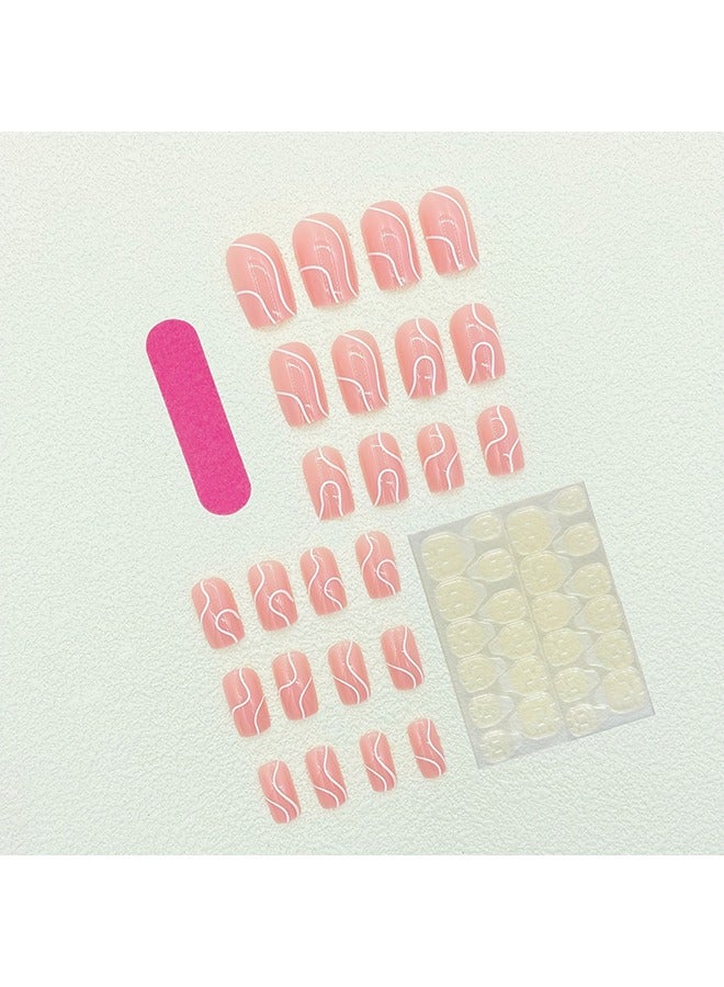 24pcs Pink Press On Nails, Medium Square Fake Nails With French White Stripe Design, Glossy Full Cover False Nails For Women And Girls - Image 3
