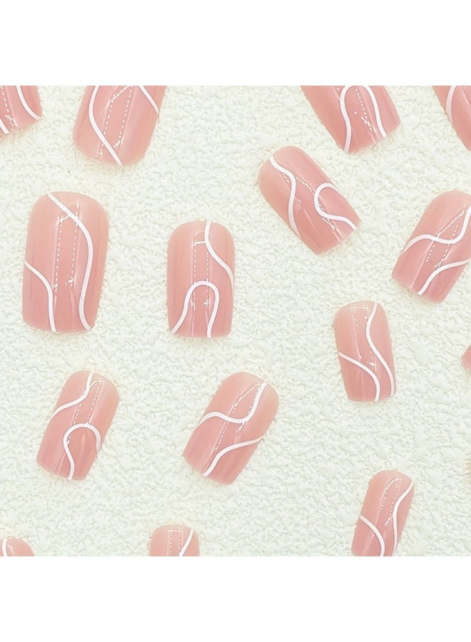 24pcs Pink Press On Nails, Medium Square Fake Nails With French White Stripe Design, Glossy Full Cover False Nails For Women And Girls - Image 2