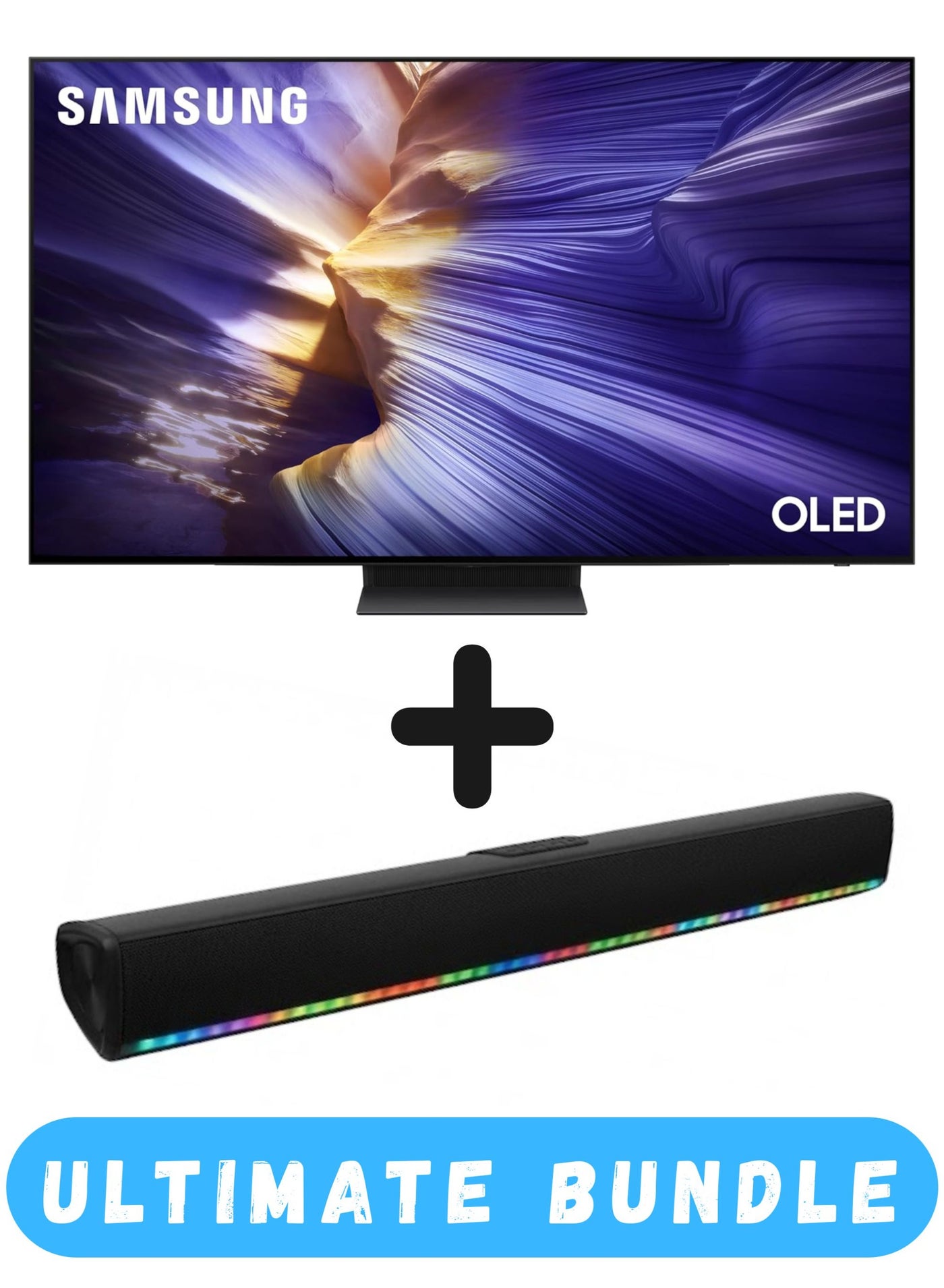 Samsung 55 Inch OLED S90F 4K HDR+, Samsung Vision AI Smart TV (2025 - International Version) + 2.0 Channel Portable Soundbar With Built In Battery & LED Lights | Tizen Smart TV - 100Hz (Up to 144Hz), HDMI x4, USB x2, Wi-Fi 5, BT 5.3, G-Sync, FreeSync Premium PRO - 55S90F+SOUNDBAR Black