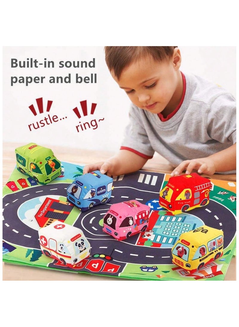 unikbebe 6PCS Soft Car Toys with Music and Sound for Toddlers, Educational Plush Vehicle Set with Playmat & Storage Bag, Montessori Baby Car Toys, Cloth Stuffed Vehicle Toy for Infants, Tummy Time Developmental Toy, Washable Soft Fabric Cars for 12+ Months - Image 1