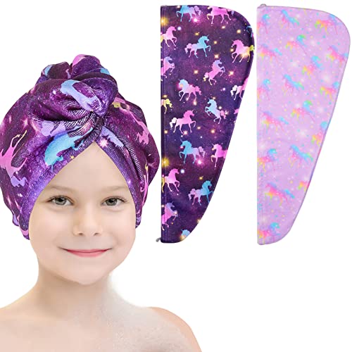 Basumee Microfiber Hair Towel Wrap for Kids 2 Pack Rapid Drying Hair Towel with Button Hair Turbans for Wet Hair Wraps Head Towel Wrap for Women and Girls, Dark Unicorn - Image 1