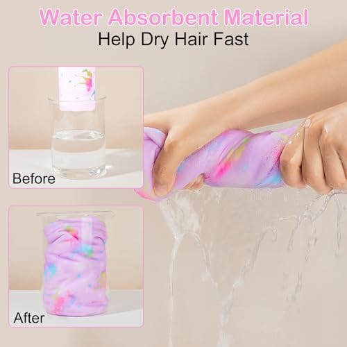 Basumee Microfiber Hair Towel Wrap for Kids 2 Pack Rapid Drying Hair Towel with Button Hair Turbans for Wet Hair Wraps Head Towel Wrap for Women and Girls, Dark Unicorn - Image 2