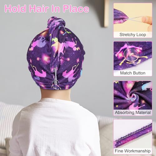 Basumee Microfiber Hair Towel Wrap for Kids 2 Pack Rapid Drying Hair Towel with Button Hair Turbans for Wet Hair Wraps Head Towel Wrap for Women and Girls, Dark Unicorn - Image 4