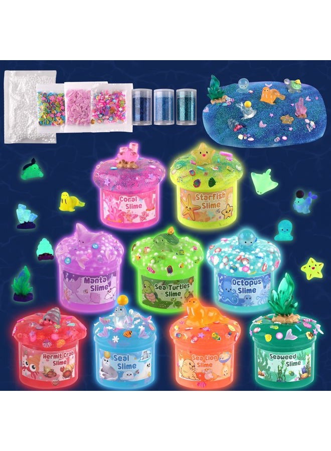 Okaybee Ocean Adventure Glow in the Dark Slime Kit 9 Pack, with Deep Sea Slime Charms, Sensory Experience DIY Rainbow Slime for Kids, Glow Party Favors for Girls & Boys, Birthday Easter - Image 1
