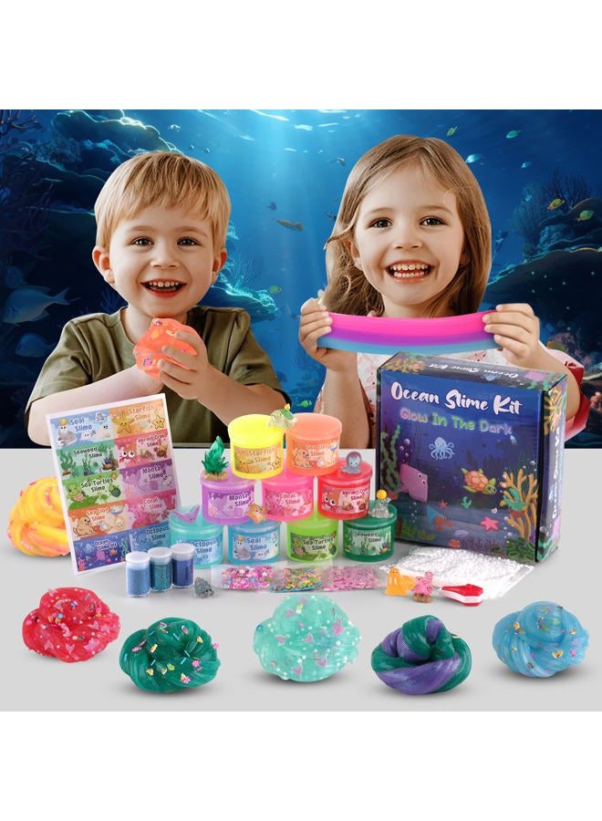 Okaybee Ocean Adventure Glow in the Dark Slime Kit 9 Pack, with Deep Sea Slime Charms, Sensory Experience DIY Rainbow Slime for Kids, Glow Party Favors for Girls & Boys, Birthday Easter - Image 5