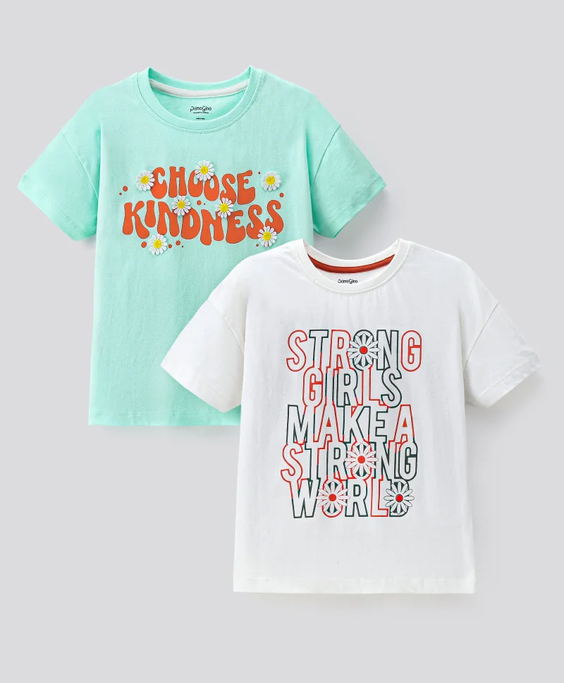 Primo Gino Primo Gino 100% Cotton Text Printed Drop Shoulder T-Shirts with 3D Floral Applique Pack of 2 - Light Green Off White
