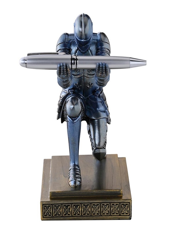 حامل أقلام Amoysanli Knight، منظم مكتب وإكسسوارات، ديكور مكتب، حامل أقلام من الراتنج كهدية مع قلم أنيق للمكتب والمنزل (أزرق) - Image 3