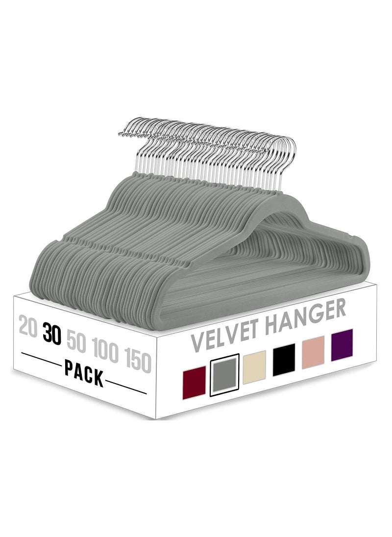 Swift 30 Pack Premium Velvet Hangers, Non-Slip Clothe Suit Hangers with 360 Degree Rotatable Hook Heavy Duty Coat Hangers Grey  - Image 1