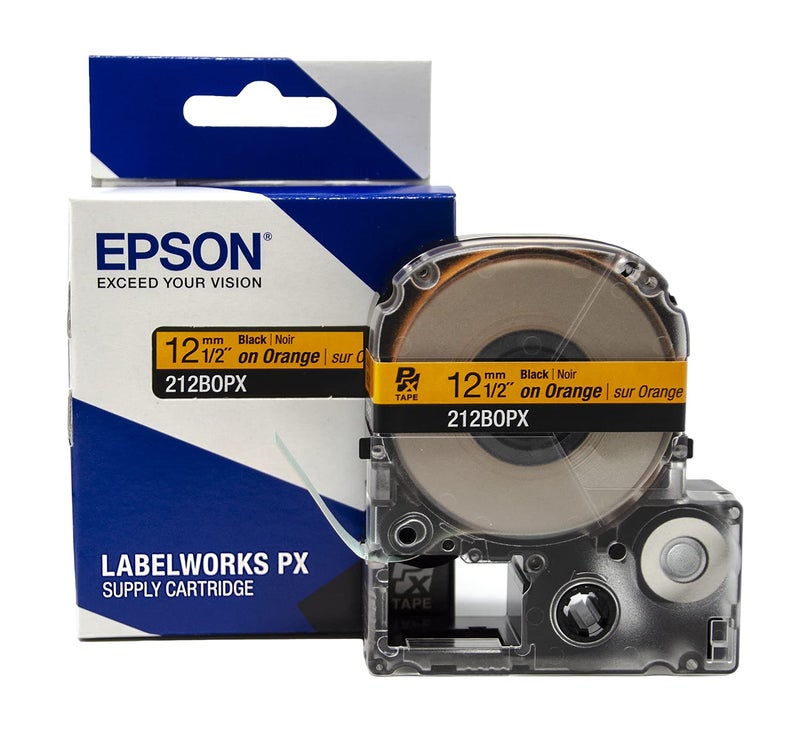 LABELWORKS Epson 212BOPX Genuine PET (Polyester) Tape Cartridge - Black on Orange Label Maker Tape - 1/2" (12MM) Wide, 30' - Image 1