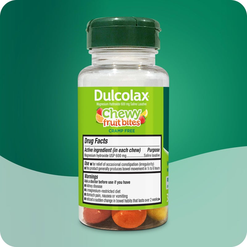 Dulcolax Saline Laxative Chewy Fruit Bites, Fast Acting Laxative & Gentle Constipation Relief, Assorted Fruit Flavor, Magnesium Hydroxide 600 mg, 30 Count - Image 3