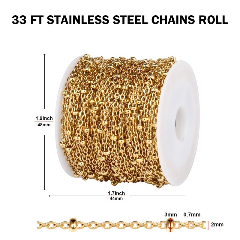 Ucevi [33 FT] 18K Gold PVD Plated Satellite Chain Bulk for Jewelry Making 2mm 304 Stainless Steel Satellite Ball Beaded Cable Link Chains Roll Spool for DIY Jewelry Making Craft - Image 2