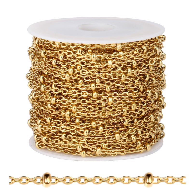 Ucevi [33 FT] 18K Gold PVD Plated Satellite Chain Bulk for Jewelry Making 2mm 304 Stainless Steel Satellite Ball Beaded Cable Link Chains Roll Spool for DIY Jewelry Making Craft - Image 1