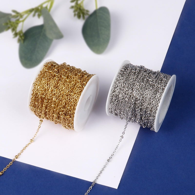 Ucevi [33 FT] 18K Gold PVD Plated Satellite Chain Bulk for Jewelry Making 2mm 304 Stainless Steel Satellite Ball Beaded Cable Link Chains Roll Spool for DIY Jewelry Making Craft - Image 4