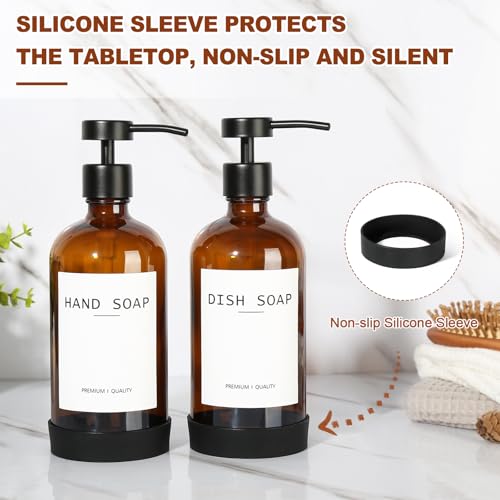 RYTOXILO Amber Glass Soap Dispenser 2 Pack, Hand Soap Dispenser Bathroom with Stainless Steel Pump, 16.9 Fl oz Hand and Dish Soap Dispensers Set Kitchen, Modern Brown Soap Lotion Dispensers Bottle - Image 5