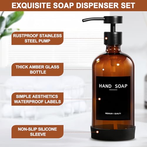 RYTOXILO Amber Glass Soap Dispenser 2 Pack, Hand Soap Dispenser Bathroom with Stainless Steel Pump, 16.9 Fl oz Hand and Dish Soap Dispensers Set Kitchen, Modern Brown Soap Lotion Dispensers Bottle - Image 3