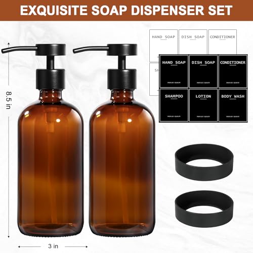 RYTOXILO Amber Glass Soap Dispenser 2 Pack, Hand Soap Dispenser Bathroom with Stainless Steel Pump, 16.9 Fl oz Hand and Dish Soap Dispensers Set Kitchen, Modern Brown Soap Lotion Dispensers Bottle - Image 2