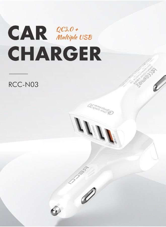 Recci - 4 Port USB Car Charger 2.4A MAX White-RCC-N03 - Image 1