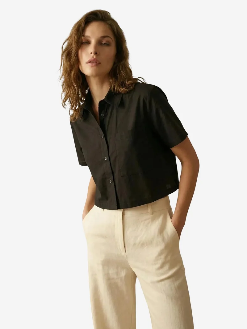 My Fashion Black MY FASHION Button-Up Pocket Crop Shirt for Women | Best Price UAE