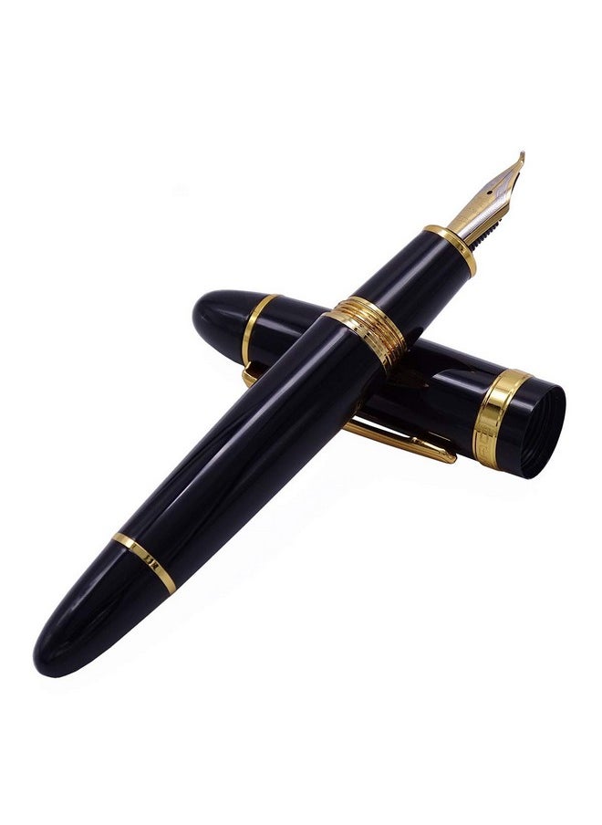 Lanxivi - Jinhao 159 Fountain Pen, Fude Pen Bent Nib, Black Lacquer Gold Trim Big Heavy Pen With Pouch And Ink Converter - Image 1