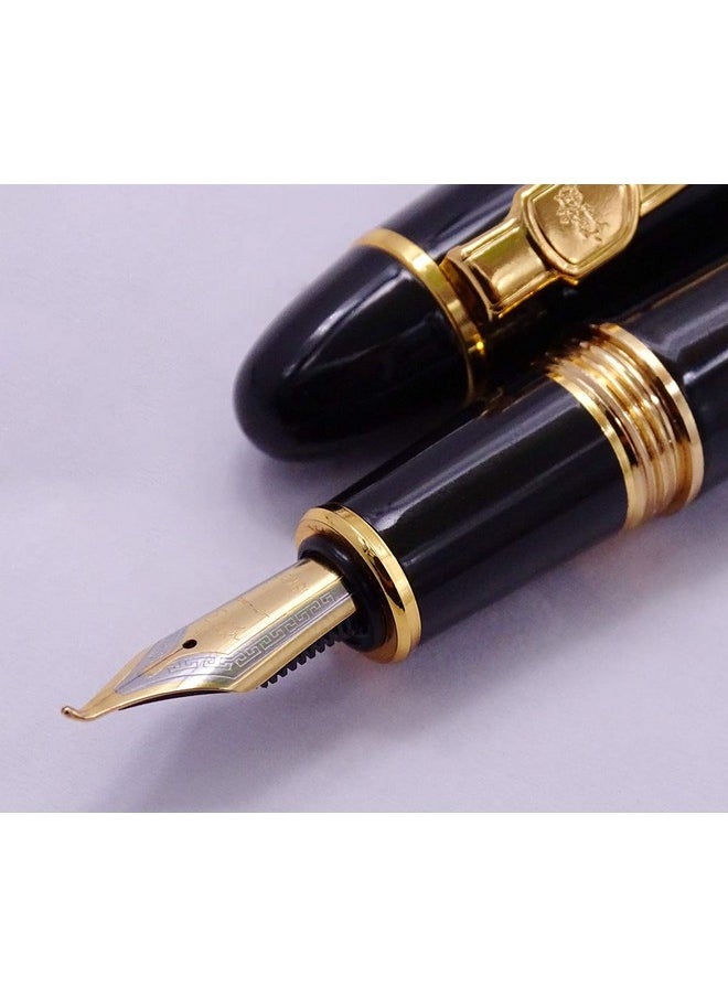 Lanxivi - Jinhao 159 Fountain Pen, Fude Pen Bent Nib, Black Lacquer Gold Trim Big Heavy Pen With Pouch And Ink Converter - Image 1