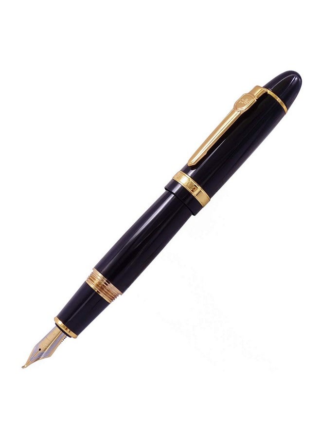 Lanxivi - Jinhao 159 Fountain Pen, Fude Pen Bent Nib, Black Lacquer Gold Trim Big Heavy Pen With Pouch And Ink Converter - Image 1