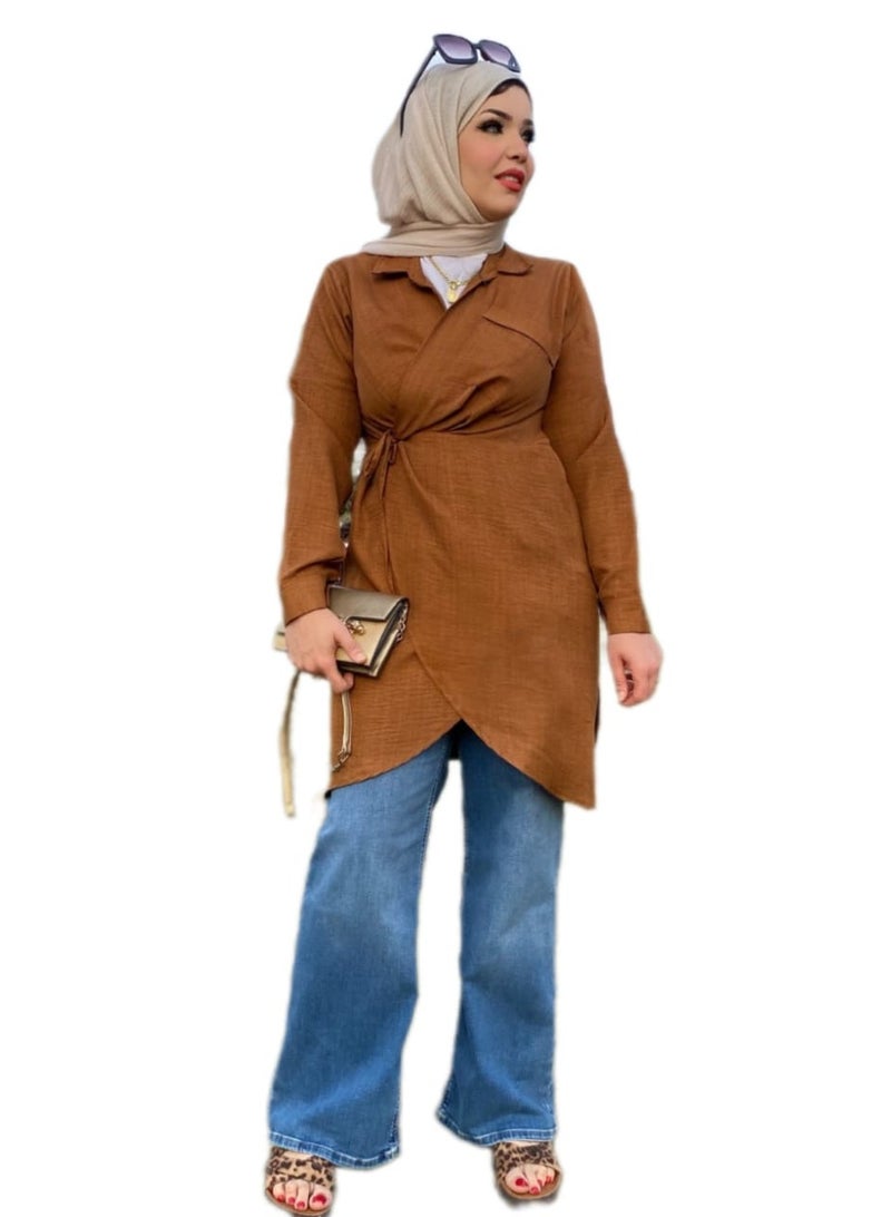 سِتر بلوزه كتان صيفي - بني - Image 1