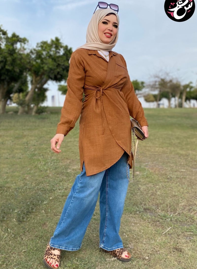 سِتر بلوزه كتان صيفي - بني - Image 2