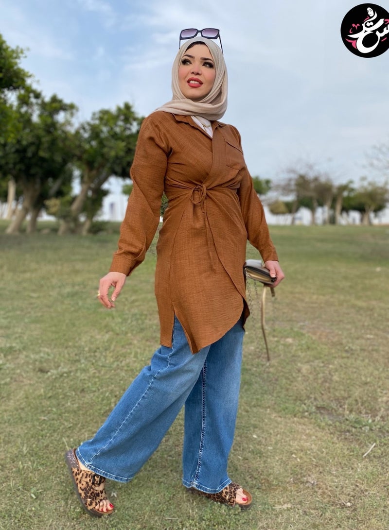 سِتر بلوزه كتان صيفي - بني - Image 3