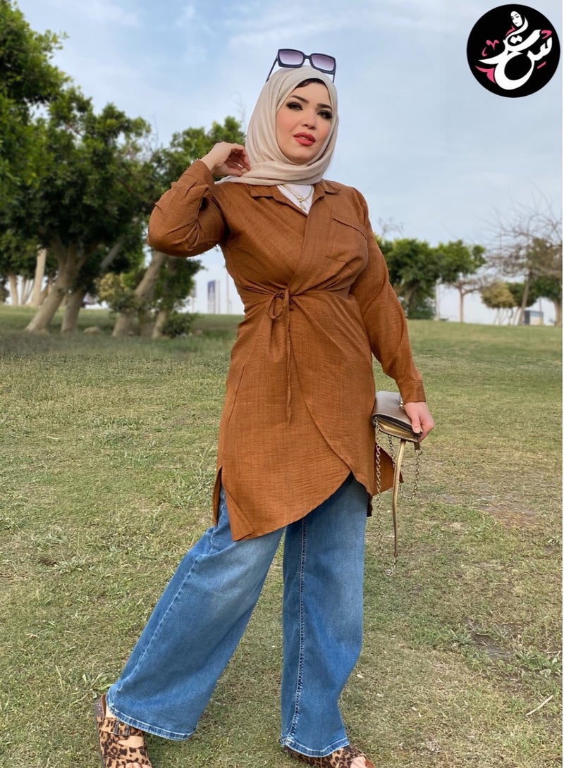 سِتر بلوزه كتان صيفي - بني - Image 4