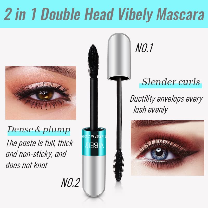 dootdott Vibely Mascara 5x Longer Waterproof, 2 in 1 4D Silk Fiber Lash Mascara, Lash Cosmetics Vibely Mascara 5x Longer Washable, Long-lasting Black Mascara for Natural Lengthening and Thickening - Image 1