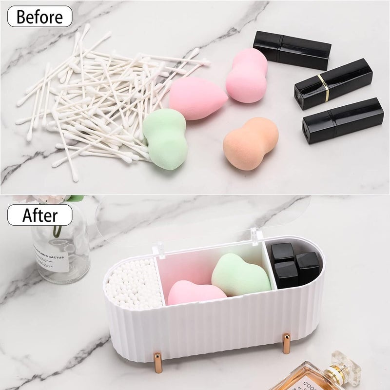 Soko Soko 3 Grids Cotton Swab Storage Dispenser Qtip Holder With Lid Makeup Pad Holder Cotton PadEarbud Holder for Bathroom Canister Organisation Vanity Cosmetic and Makeup Organizer Box White  - Image 3