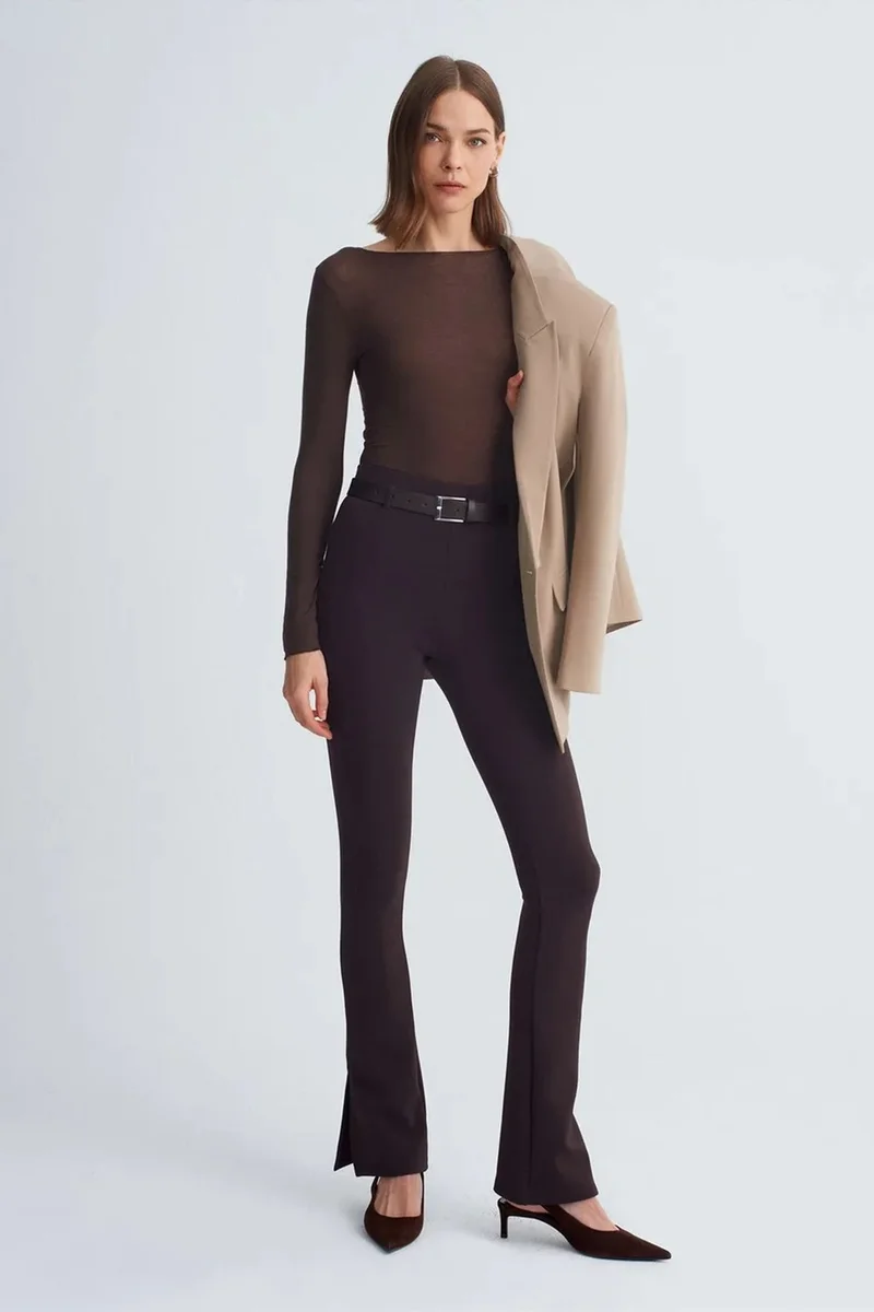 Dilvin Dark Mocha Brown DILVIN Belted Skinny Flare Pants for Women | Best Price UAE