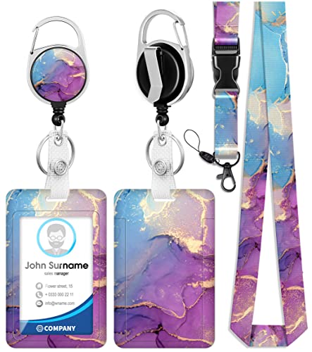 Toykee ID Badge Holder with Lanyard and Retractable Badge Reel Clip, Marble Card Name Tag Lanyard Vertical ID Protector Bage Clips for Women Nurse Nursing Doctor Teacher Student Blue Purple - Image 1