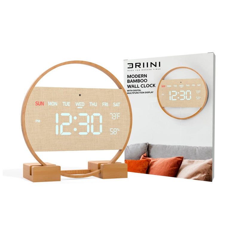 Driini Modern Large Digital Wall Clock Bamboo Wood with Large LED Display Day of Week Time Temperature and Humidity Aesthetic Living Room Clock or Office Wall Clock Desk or Wall Mount