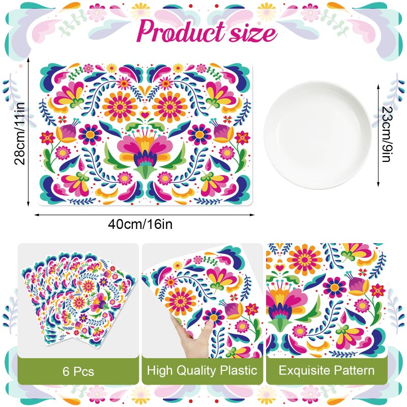 Tarklanda Mexican Fiesta Placemats Set of 6 Colorful Mexican Floral Table Mats 11x15.7 Inches Day of The Dead Wipeable Vinyl Place Mats for Cinco de Mayo, Kitchen, Dining Party Decor - Image 2