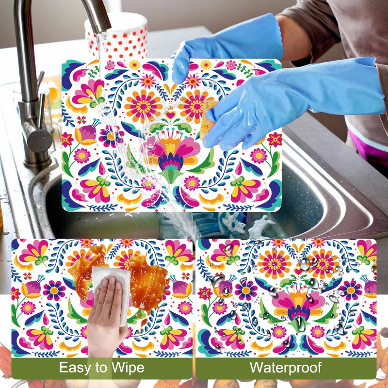 Tarklanda Mexican Fiesta Placemats Set of 6 Colorful Mexican Floral Table Mats 11x15.7 Inches Day of The Dead Wipeable Vinyl Place Mats for Cinco de Mayo, Kitchen, Dining Party Decor - Image 3