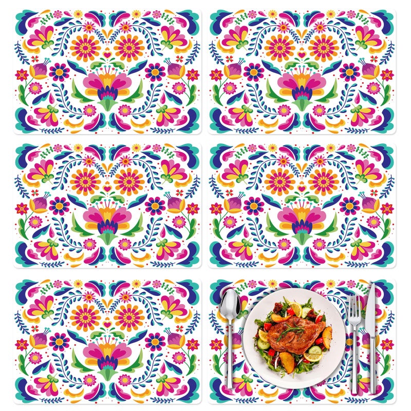 Tarklanda Mexican Fiesta Placemats Set of 6 Colorful Mexican Floral Table Mats 11x15.7 Inches Day of The Dead Wipeable Vinyl Place Mats for Cinco de Mayo, Kitchen, Dining Party Decor - Image 1
