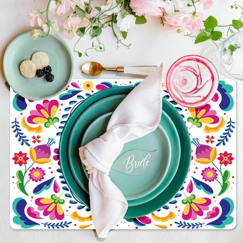 Tarklanda Mexican Fiesta Placemats Set of 6 Colorful Mexican Floral Table Mats 11x15.7 Inches Day of The Dead Wipeable Vinyl Place Mats for Cinco de Mayo, Kitchen, Dining Party Decor - Image 4