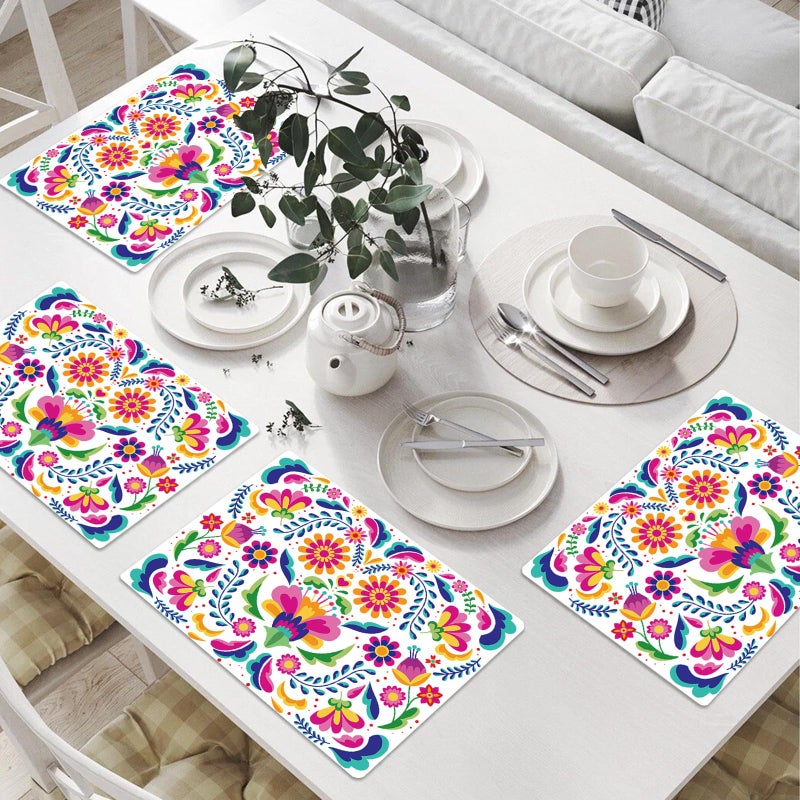 Tarklanda Mexican Fiesta Placemats Set of 6 Colorful Mexican Floral Table Mats 11x15.7 Inches Day of The Dead Wipeable Vinyl Place Mats for Cinco de Mayo, Kitchen, Dining Party Decor - Image 5