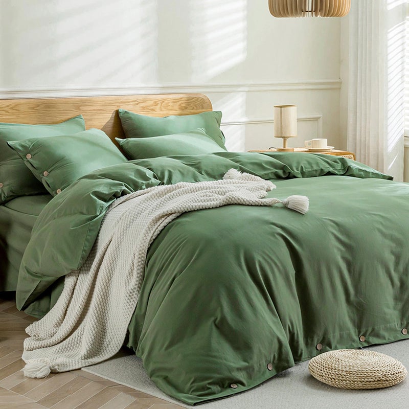 JELLYMONI Cotton Duvet Cover Full Size - Green Comforter Cover with Button 100% Washed Cotton 3PCS Breathable Soft Solid Bedding Set Duvet Cover 80Ã—90in & 2 Pillowcases (NO Comforter) - Image 3