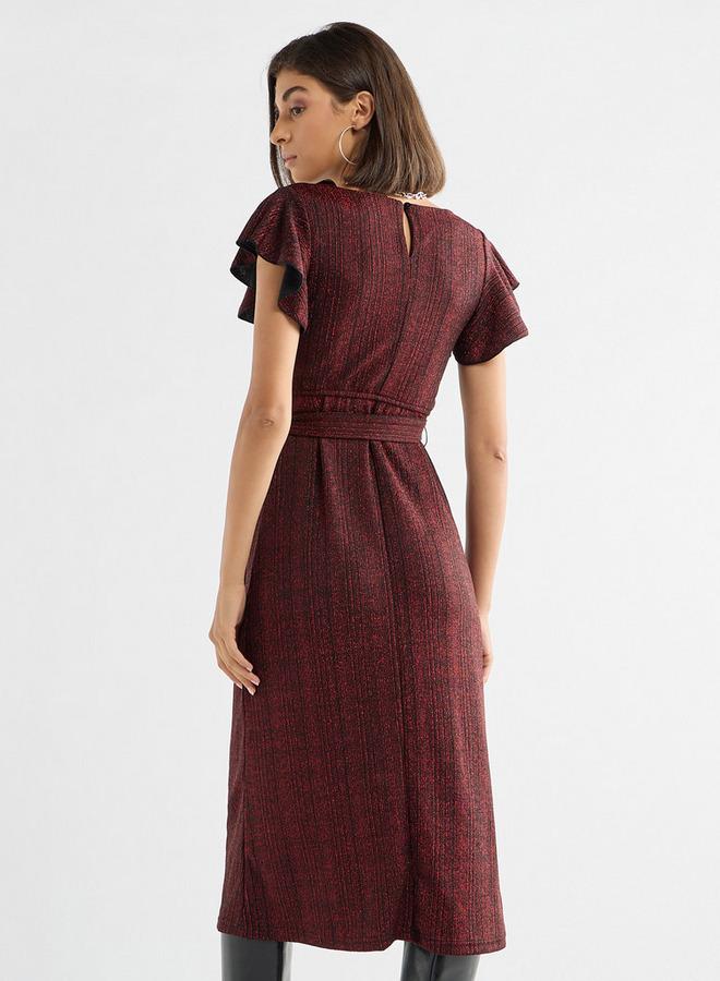 سبلاش فيڤ فستان ميدي بارز الملمس بأكمام واسعة وحزام رباط - Image 3