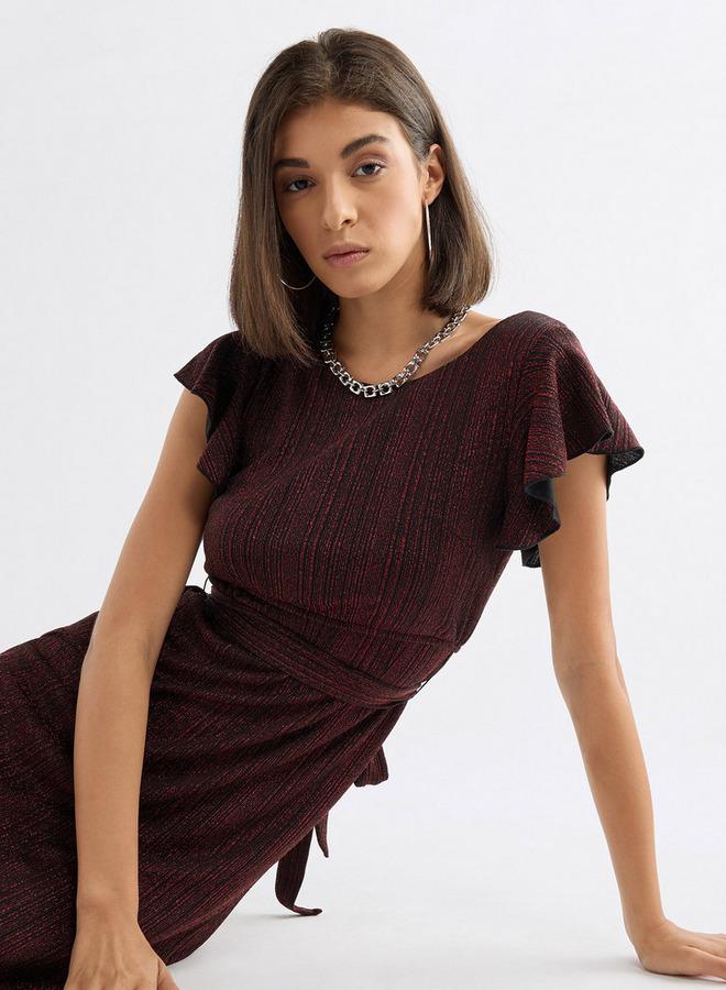 سبلاش فيڤ فستان ميدي بارز الملمس بأكمام واسعة وحزام رباط - Image 1