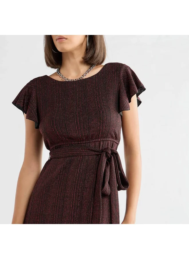FAV Textured Midi Dress with Flutter Sleeves and Tie-Up Belt