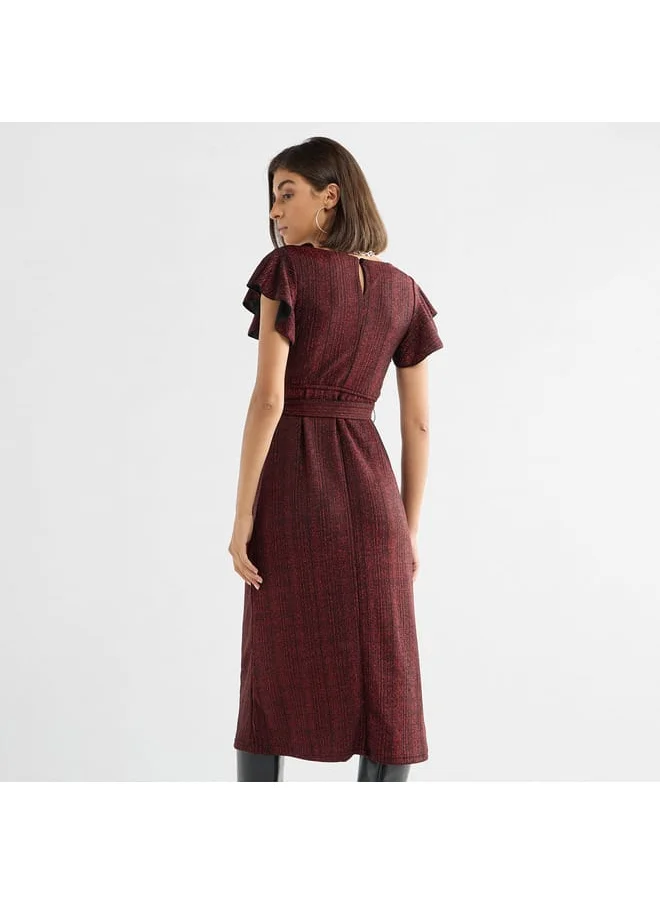 FAV Textured Midi Dress with Flutter Sleeves and Tie-Up Belt
