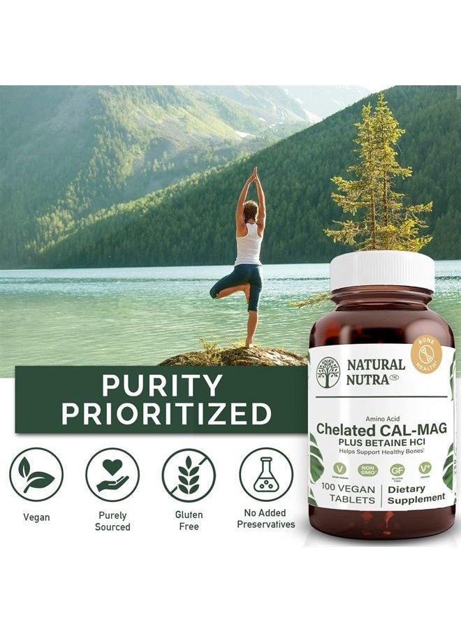 Natural Nutra Chelated Cal Mag 1000/500 mg Supplement Plus Betaine HCL, Improves Bone Strength and Density, Muscle Health, Healthy Teeth, Supports Cardiovascular System, Nerve Health, 100 Vegan Tablet  - Image 2