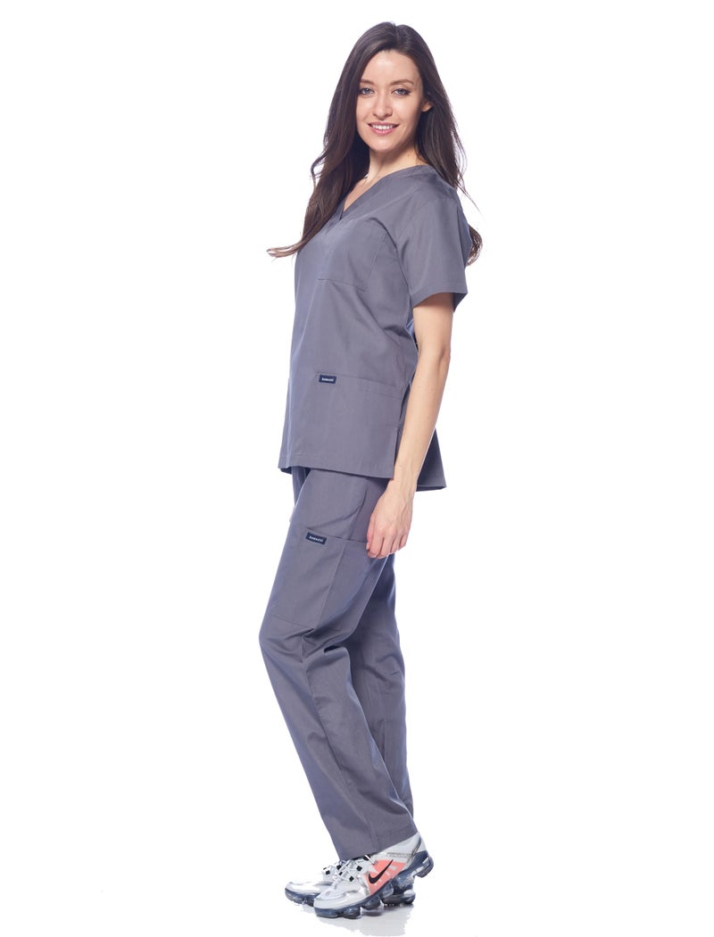 Dagacci Medical Uniform Womens and Mens Scrubs Set Medical Scrubs Shirt Top and Pant, Pewter Gray, Medium, - Image 3