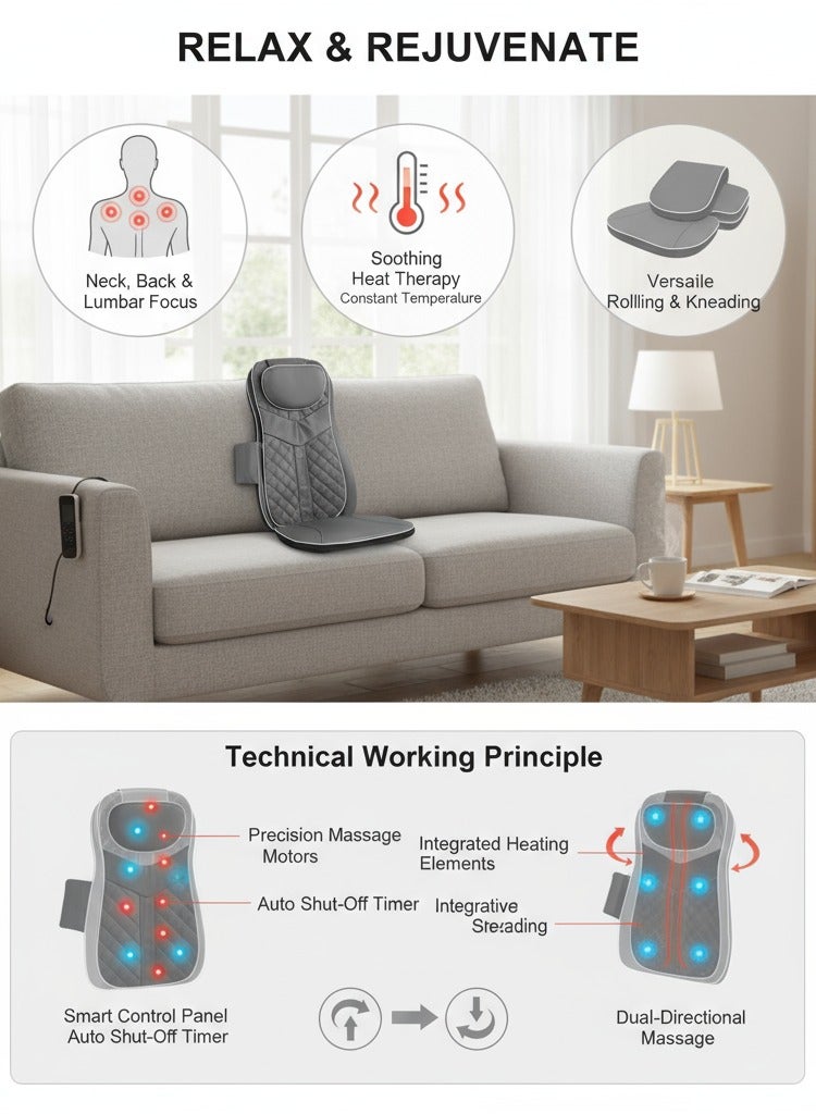 Y&D Neck & Back Massager with Heat Full Back Kneading Shiatsu or Rolling Massage Adjustable Intense Vibration Massage Seat Pad with Height Adjustment Suitable for Car Sofa - Image 2